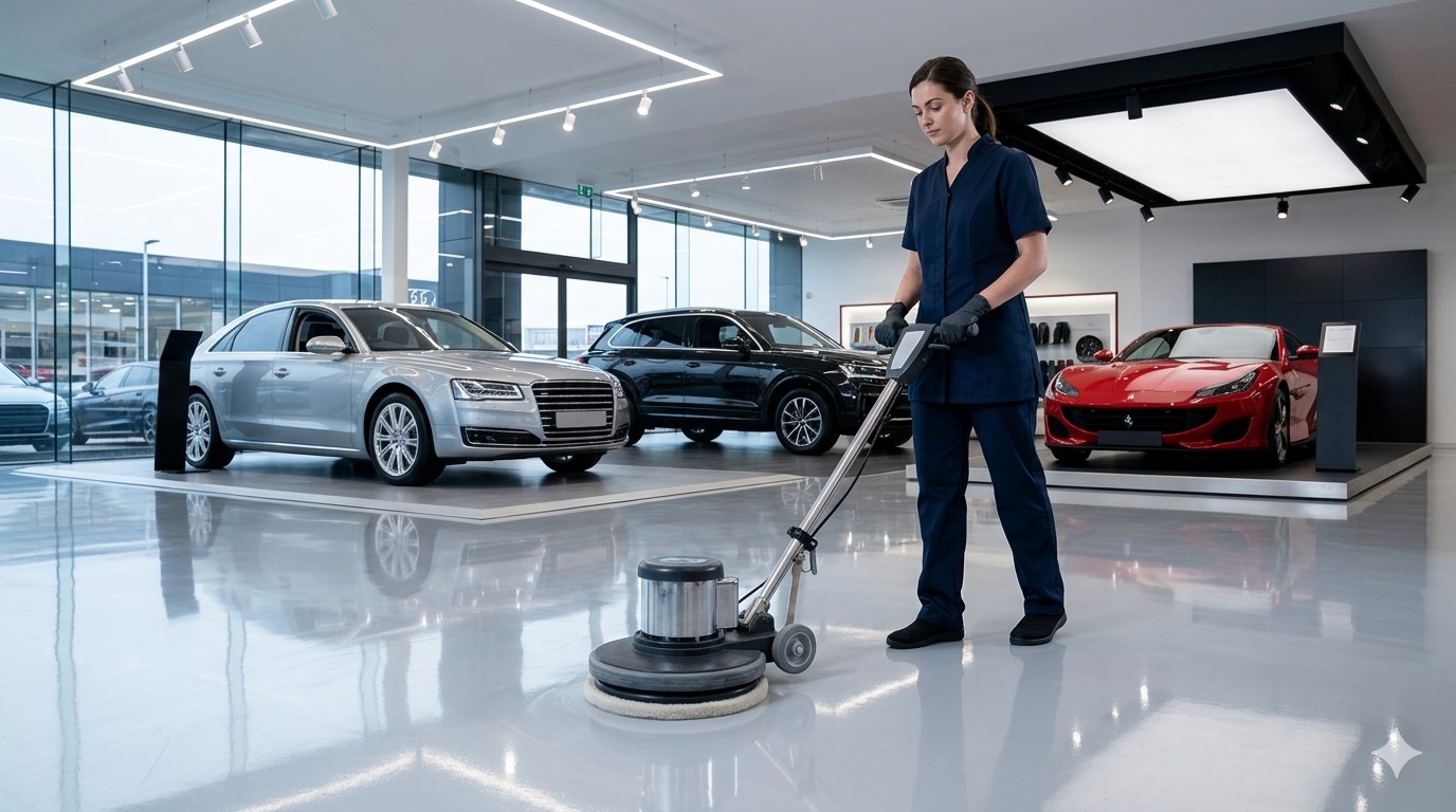 Automotive dealership showroom cleaning Melbourne - floor and glass presentation standards
